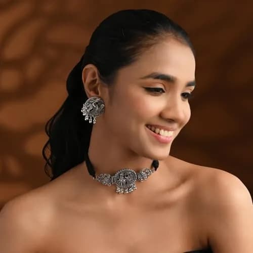 I Jewels Ethnic Silver Oxidized Ghungroo Necklace Jewellery Set With Earrings & Maang Tikka | Style 4 thumbnail 2