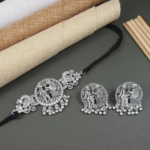 I Jewels Ethnic Silver Oxidized Ghungroo Necklace Jewellery Set With Earrings & Maang Tikka | Style 4 thumbnail 3