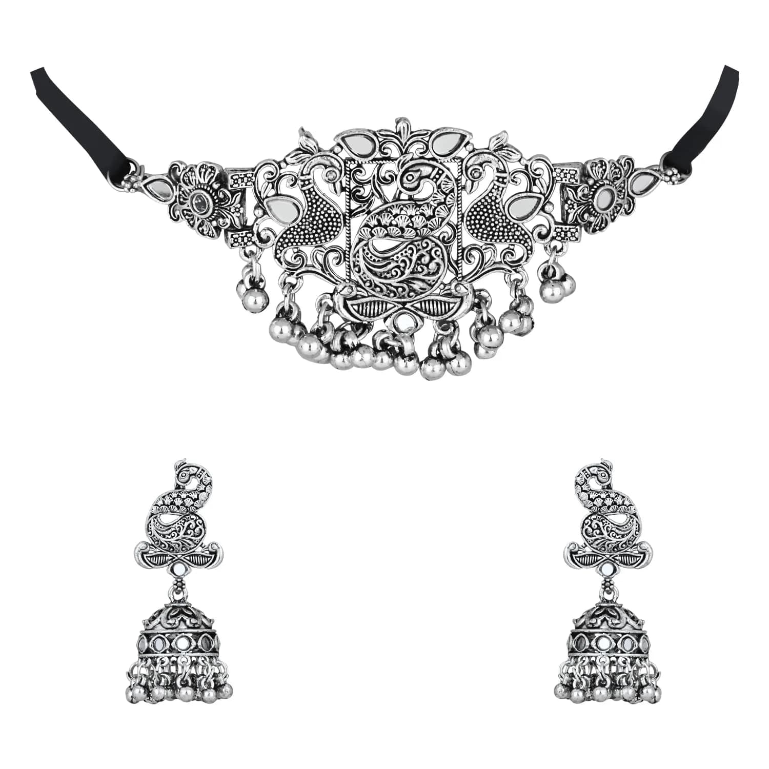 I Jewels Ethnic Silver Oxidized Ghungroo Necklace Jewellery Set With Earrings & Maang Tikka | Style 4 — Style 1