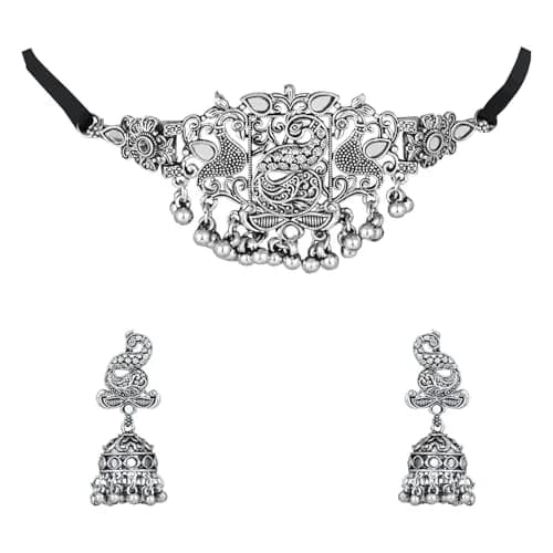 I Jewels Silver Oxidised Afghani Choker Necklace Set with Earrings & Maang Tikka, 12 cm Necklace Length | Bollywood Style Wedding Jewellery thumbnail 1