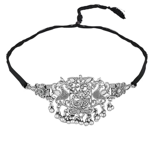 I Jewels Silver Oxidised Afghani Choker Necklace Set with Earrings & Maang Tikka, 12 cm Necklace Length | Bollywood Style Wedding Jewellery thumbnail 4