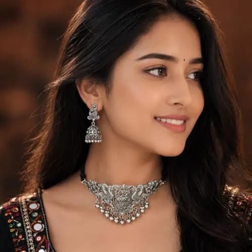 I Jewels Silver Oxidised Afghani Choker Necklace Set with Earrings & Maang Tikka, 12 cm Necklace Length | Bollywood Style Wedding Jewellery thumbnail 2