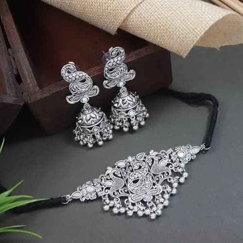 I Jewels Silver Oxidised Afghani Choker Necklace Set with Earrings & Maang Tikka, 12 cm Necklace Length | Bollywood Style Wedding Jewellery thumbnail 3