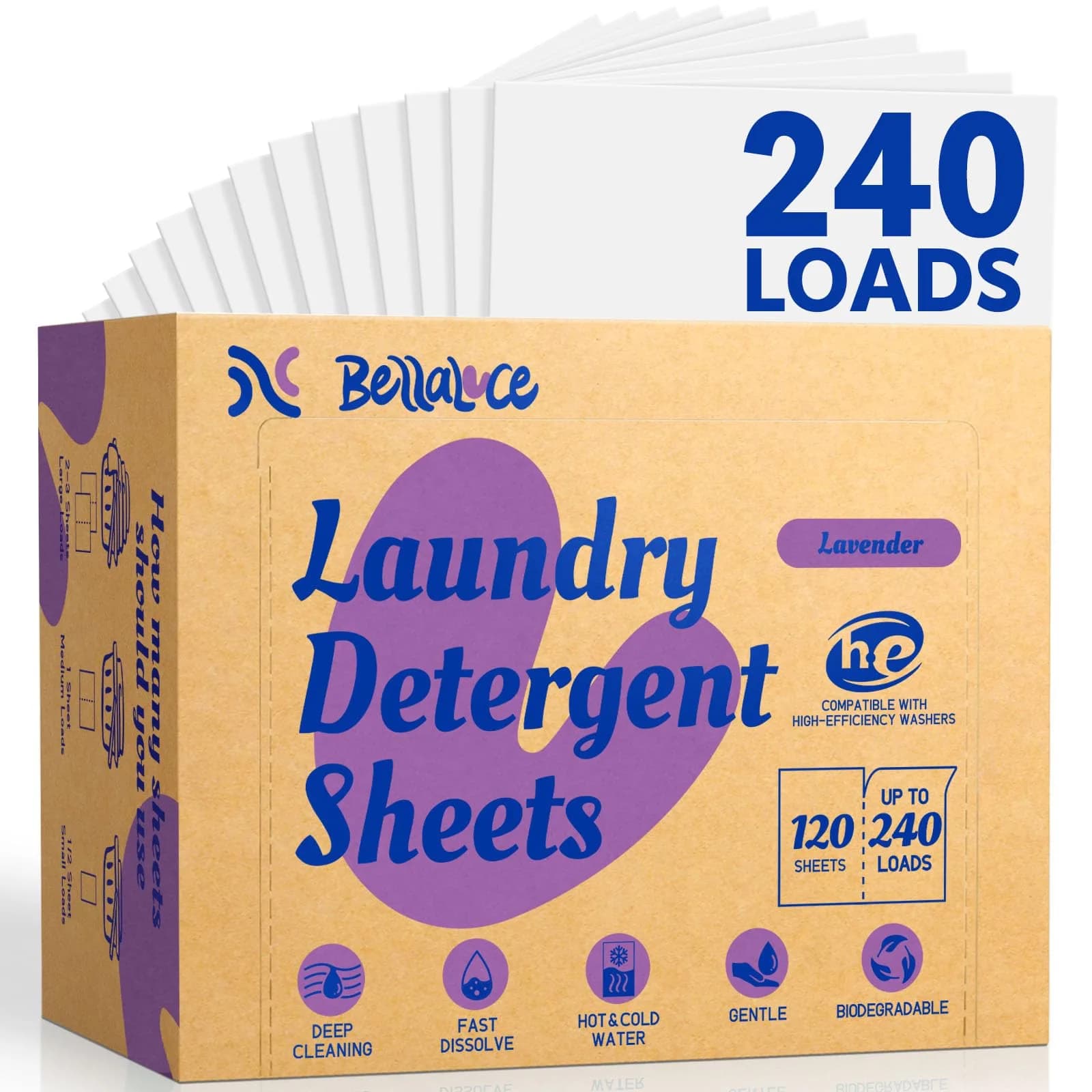 Bellaluce Laundry Detergent Sheets, Lavender Scent, 240 Loads | Eco-Friendly, Plastic-Free, Hypoallergenic — Lavender