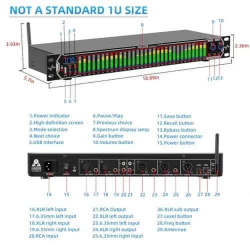 FULODE Home Audio Equalizer 31-Band Digital Spectrum Analyzer | Noise Reduction Rack Mount thumbnail 9