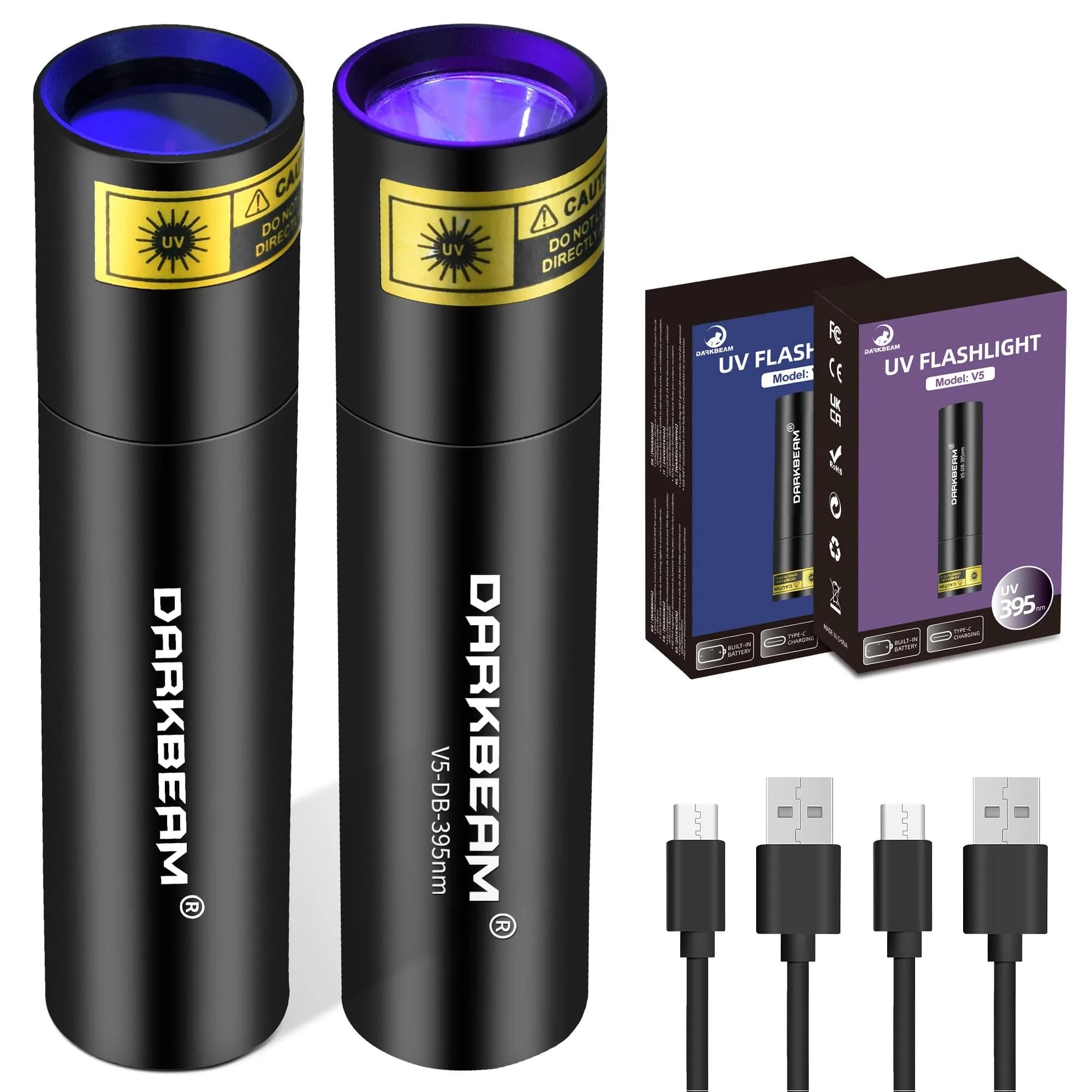 DARKBEAM UV Flashlight 365nm & 395nm Black Light 2 Pack | Dual Wavelength Detection — UV 365nm (Bluish)+UV 395nm (Violet)