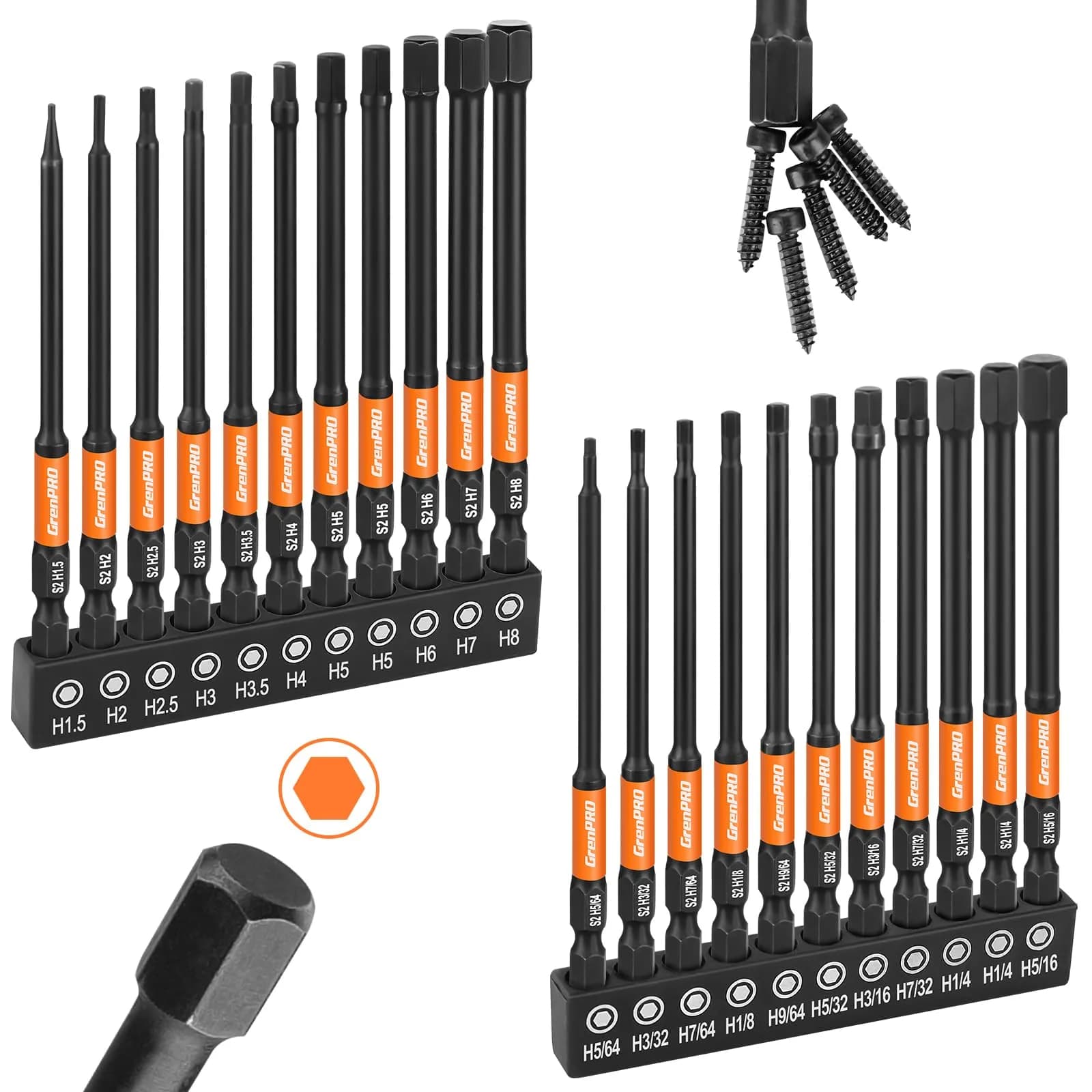 GRENPRO Allen Wrench Drill Bit Set, 22PCS 4-Inch Metric & SAE Impact Bits | 1/4" Hex Shank for Impact Drivers — 4" 22pcs(Metric&SAE)