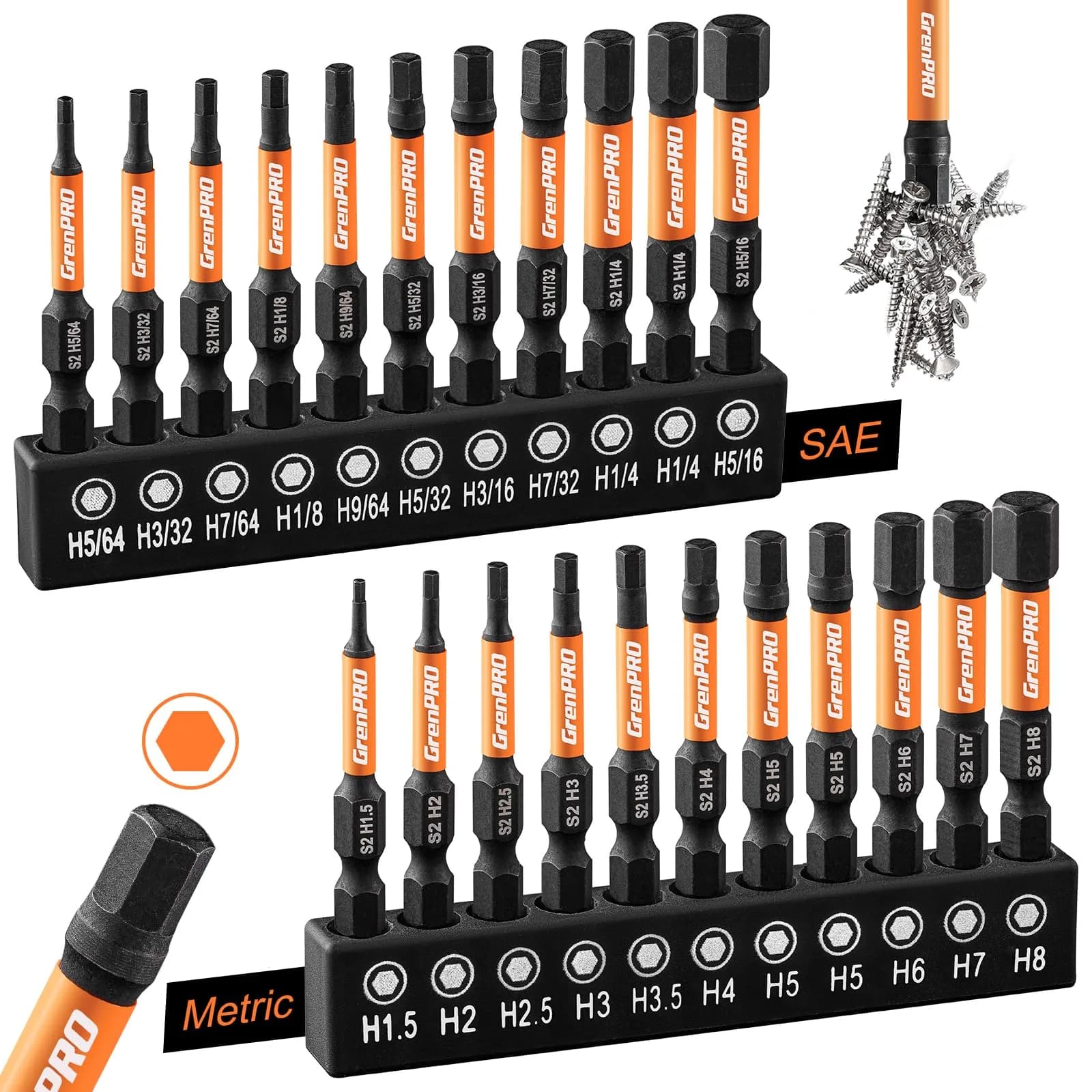 GRENPRO Impact Allen Wrench Drill Bit Set 2” Metric | Heavy Duty Hex Bits for Heavy Impact Use — 2" 22pcs(Metric&SAE)