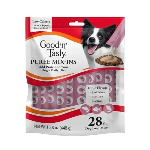 Good ‘N’ Tasty Puree Mix-Ins Dog Food Topper 28 Count | Salmon, Tuna & Krill, Low-Calorie, Sensitive Stomach (120 chars) thumbnail 1