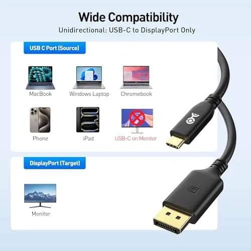 Cable Matters USB C to DisplayPort 2.1 Cable 3.3ft | 8K@120Hz, 40Gbps, VESA Certified, Unidirectional thumbnail 6