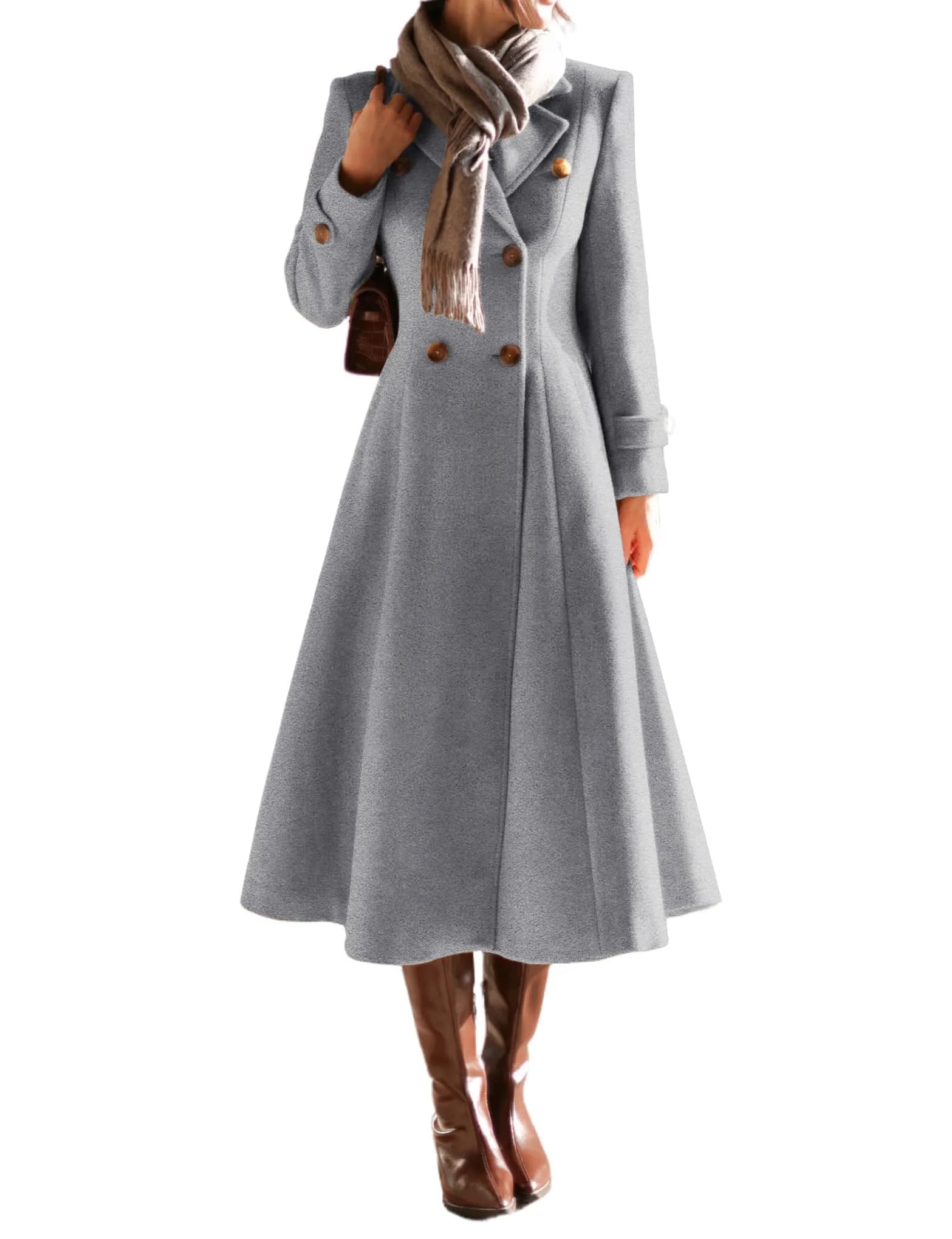 IDEALSANXUN Long Wool Coat for Women 2026 Fall Winter | Double Breasted Peacoat Maxi — Grey