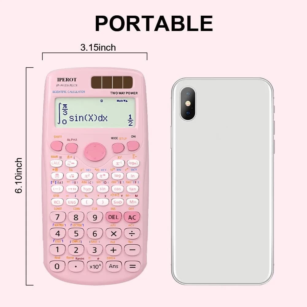 IPEROT Pink Solar Scientific Calculator 417 Functions | Dual Power, Large LCD Display - view 5