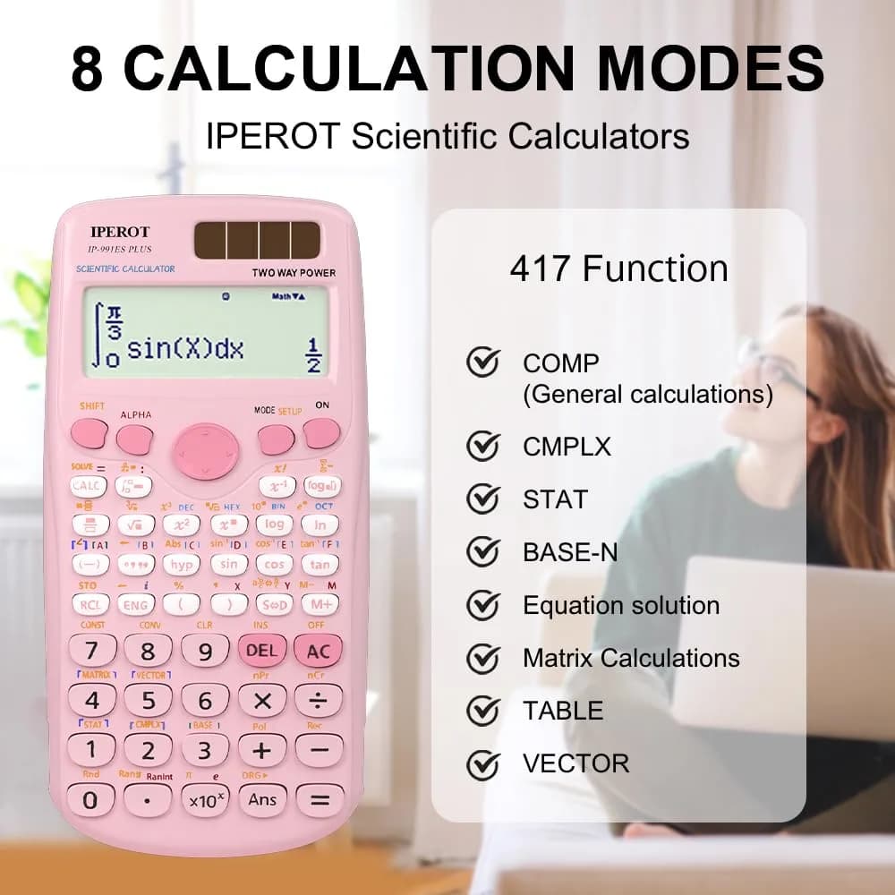 IPEROT Pink Solar Scientific Calculator 417 Functions | Dual Power, Large LCD Display - view 6