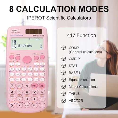 IPEROT Pink Solar Scientific Calculator 417 Functions | Dual Power, Large LCD Display thumbnail 6