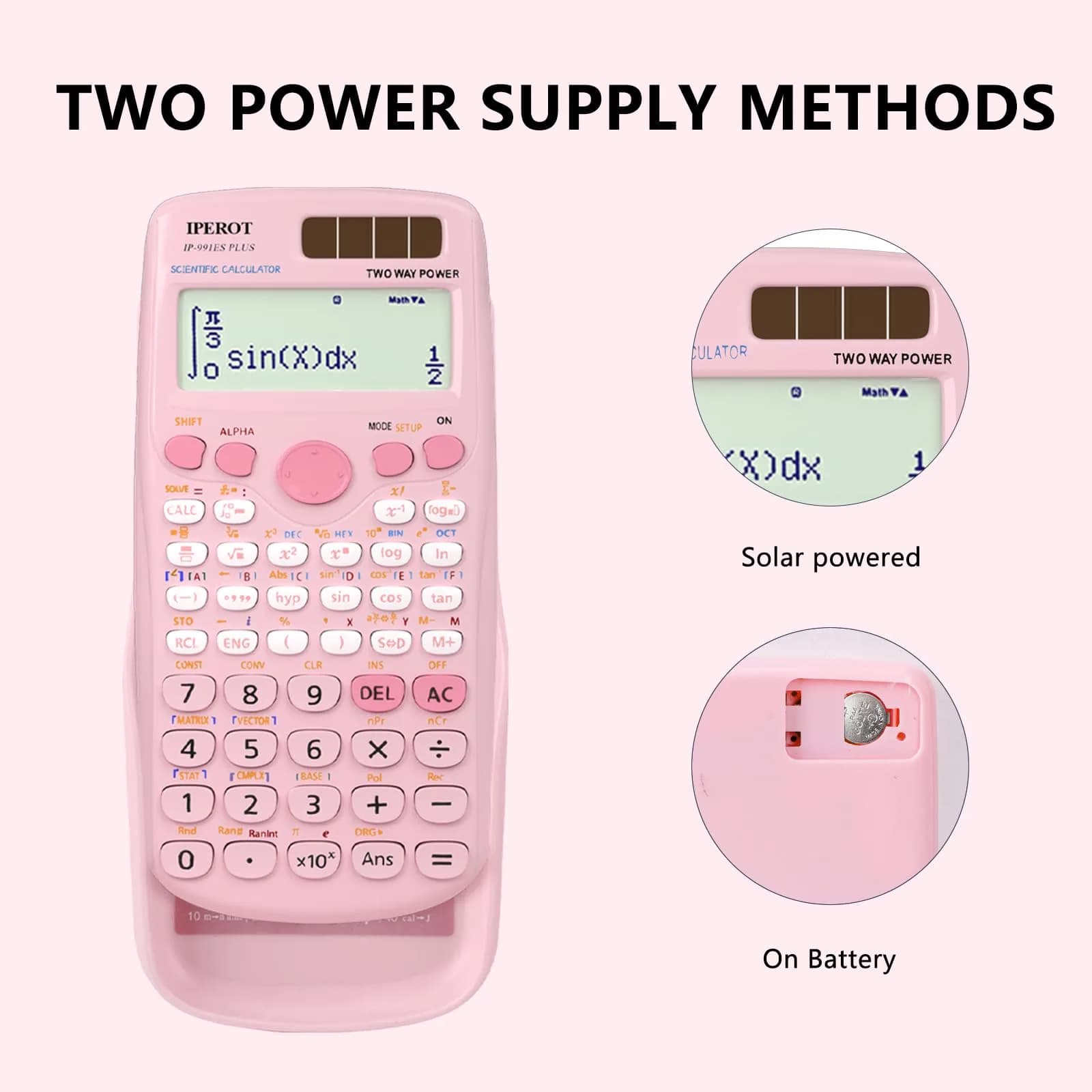 IPEROT Pink Solar Scientific Calculator 417 Functions | Dual Power, Large LCD Display - view 3