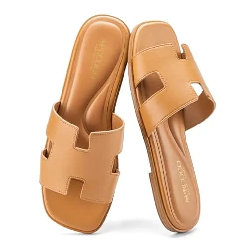 AprCoco Women's Classic H-Band Flat Sandals Brown Size 9 (24.1cm) | Comfortable Memory Foam Slides thumbnail 1