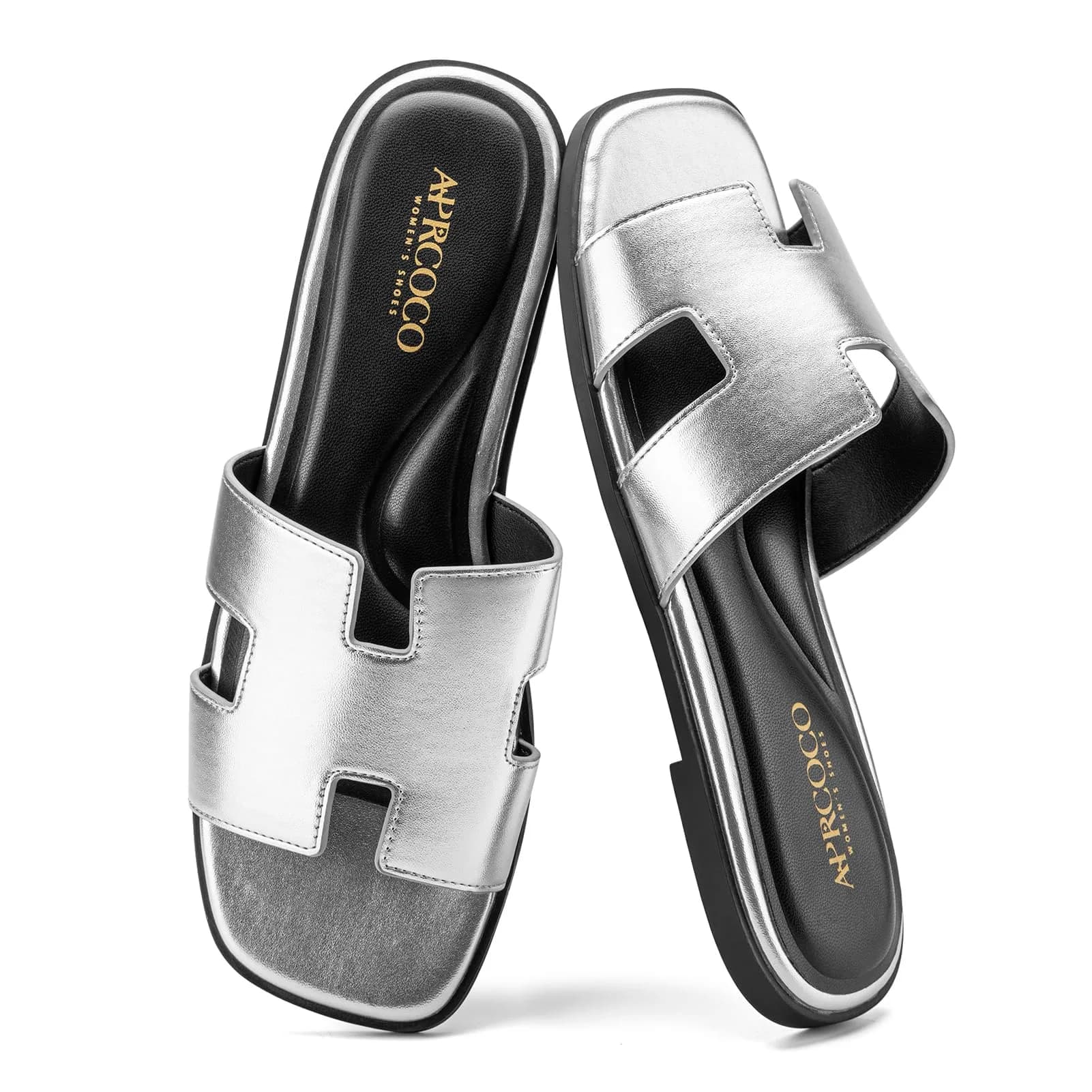 AprCoco Women's Classic H-Band Flat Sandals Silver US 8.5 | Comfortable Memory Foam Insole — Silver