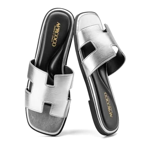 AprCoco Women's Classic H-Band Flat Sandals Silver US 8.5 | Comfortable Memory Foam Insole thumbnail 1