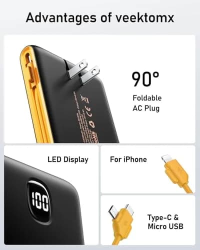 VEEKTOMX 10000mAh Portable Charger with Built-in Cables & Wall Plug | Slim Power Bank for Travel & Multiple Devices thumbnail 8