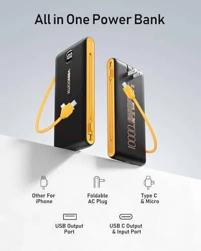 VEEKTOMX 10000mAh Portable Charger with Built-in Cables & Wall Plug | Slim Power Bank for Travel & Multiple Devices thumbnail 3