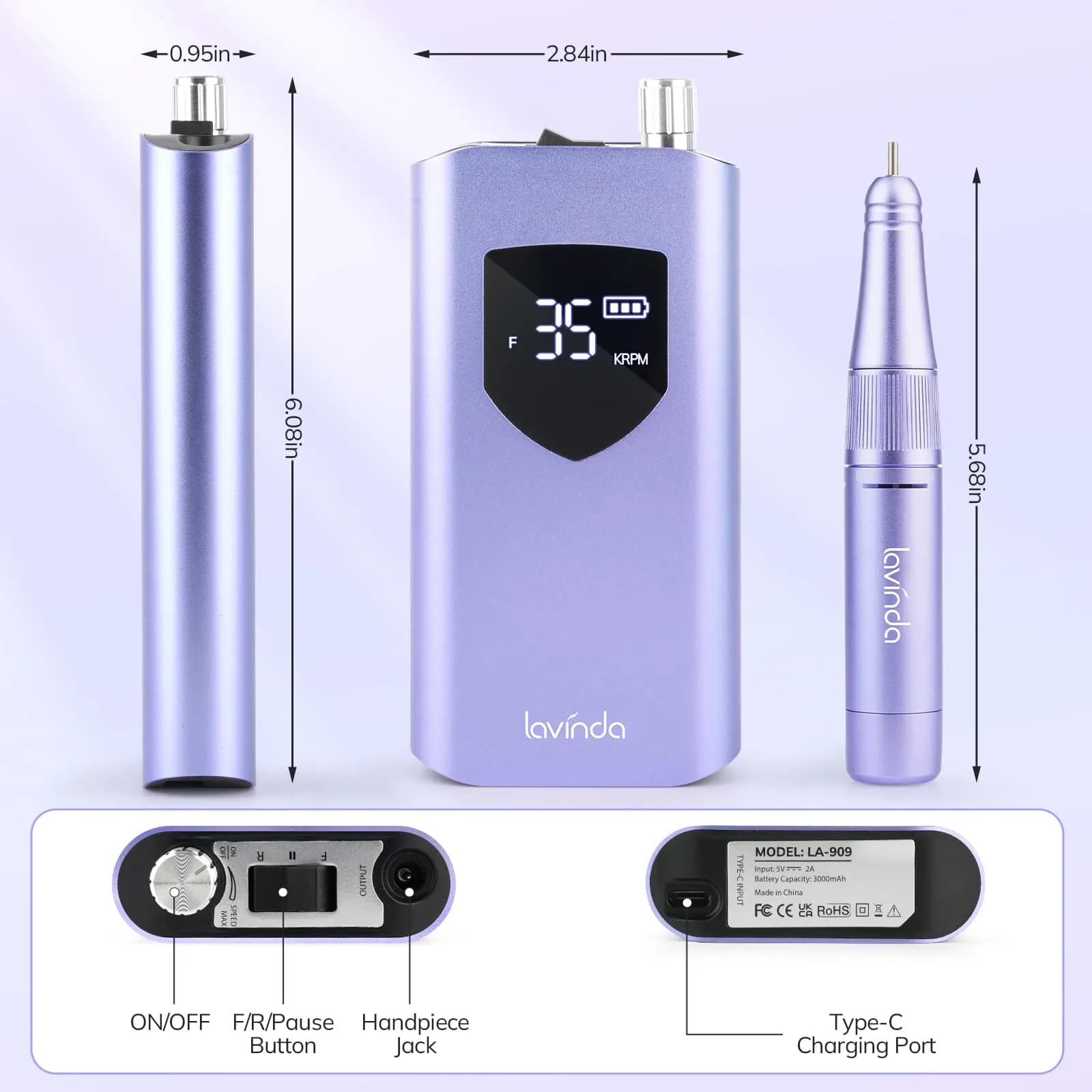 Lavinda Professional Nail Drill 35000 RPM Cordless Efile Purple | High-Speed Acrylic & Gel Nail Art Tool - view 5