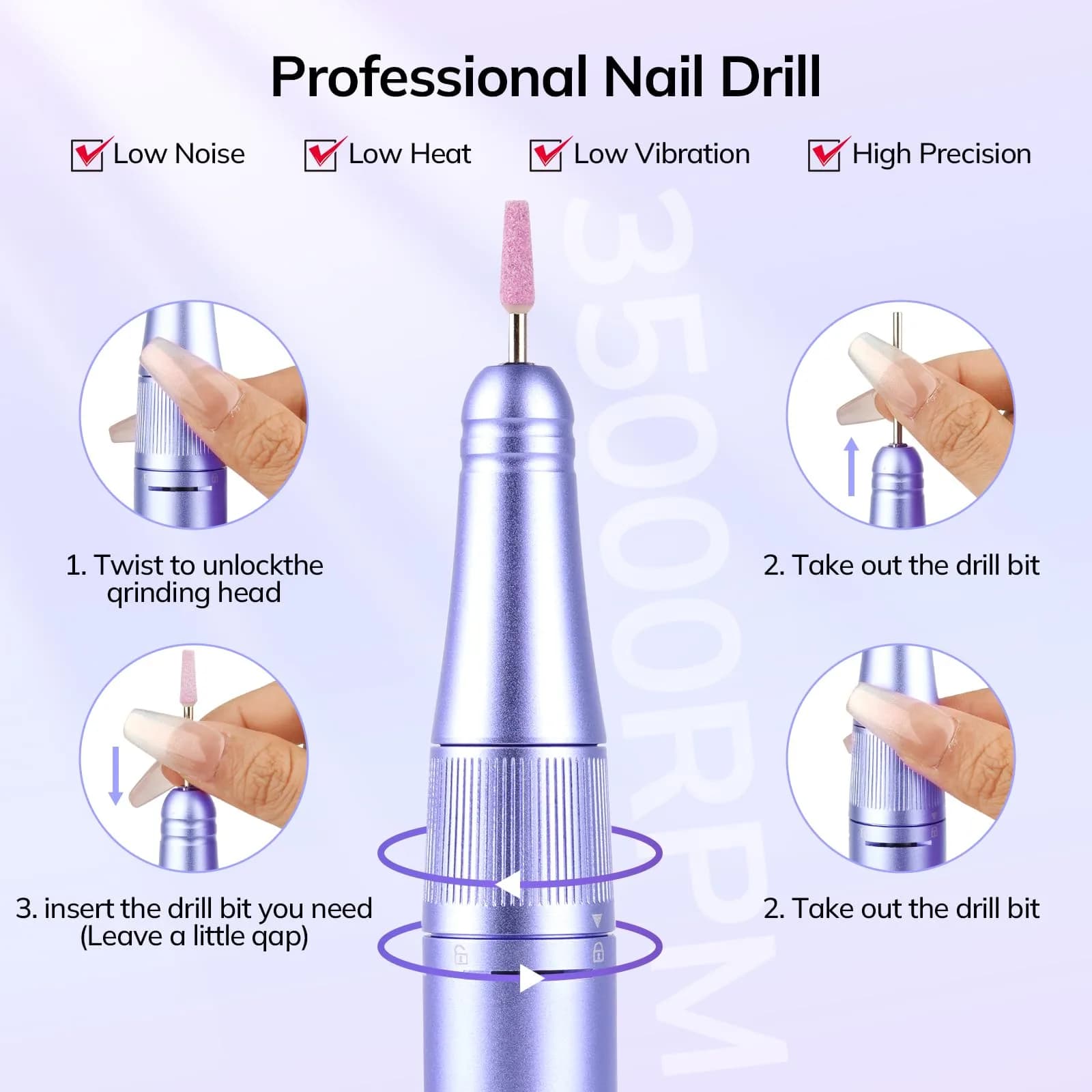 Lavinda Professional Nail Drill 35000 RPM Cordless Efile Purple | High-Speed Acrylic & Gel Nail Art Tool - view 7