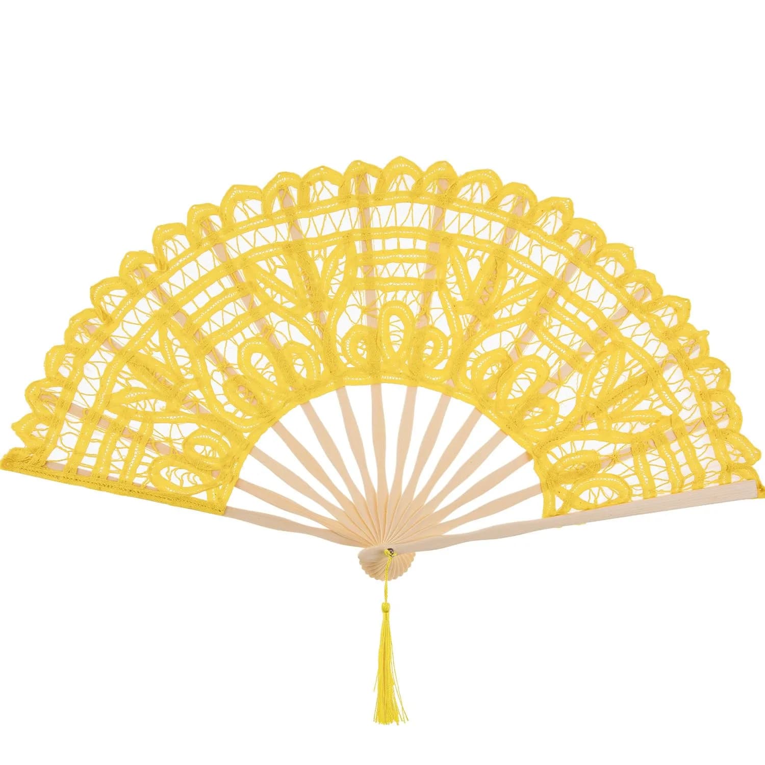 BABEYOND Cotton Lace Folding Hand Fan Bamboo Frame Yellow | Elegant Bridal Accessory for Weddings & Parties — yellow