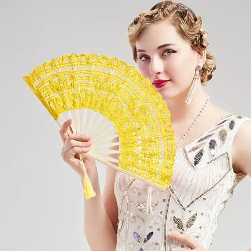 BABEYOND Cotton Lace Folding Hand Fan Bamboo Frame Yellow | Elegant Bridal Accessory for Weddings & Parties thumbnail 3