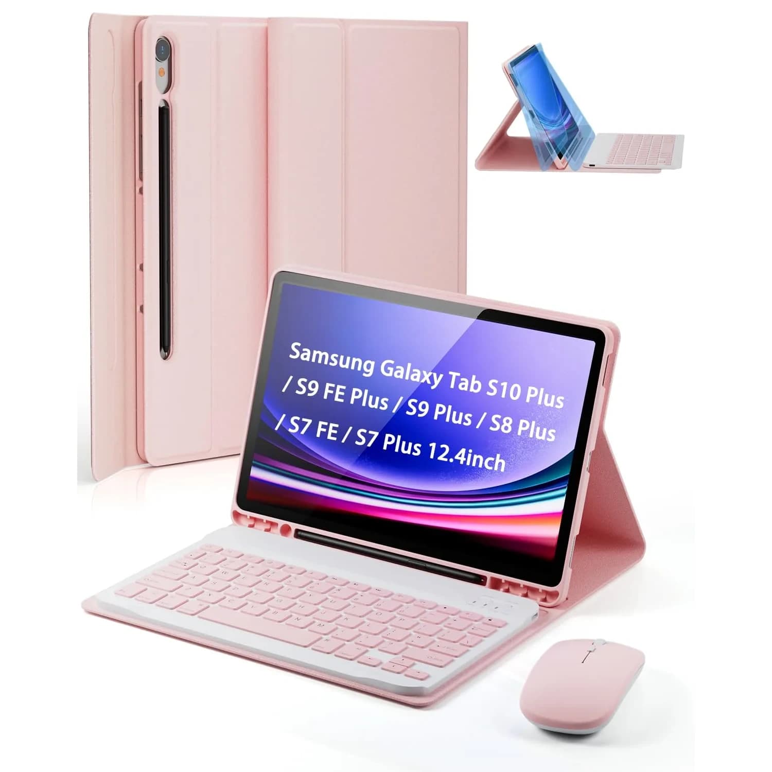 TUNKARMOR Pink Keyboard Case for Samsung Galaxy Tab S10+ / S9 FE+ / S9+ / S8+ / S7 FE / S7+ Plus 12.4-inch with Mouse & S Pen Holder | Detachable Magnetic Keyboard — Pink