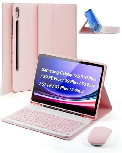 TUNKARMOR Pink Keyboard Case for Samsung Galaxy Tab S10+ / S9 FE+ / S9+ / S8+ / S7 FE / S7+ Plus 12.4-inch with Mouse & S Pen Holder | Detachable Magnetic Keyboard thumbnail 1