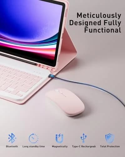 TUNKARMOR Pink Keyboard Case for Samsung Galaxy Tab S10+ / S9 FE+ / S9+ / S8+ / S7 FE / S7+ Plus 12.4-inch with Mouse & S Pen Holder | Detachable Magnetic Keyboard thumbnail 3