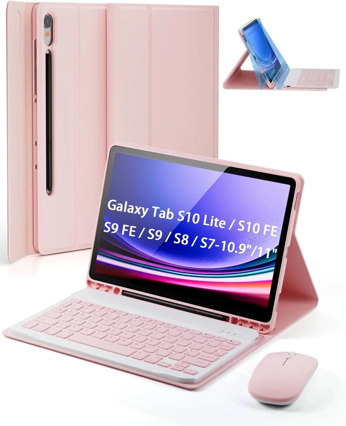 TUNKARMOR Detachable Keyboard Case with Mouse for Samsung Galaxy Tab S10+/S9 FE+/S9+/S8+/S7 FE/S7+ 12.4-inch | 360° Protection & S Pen Holder — Pink