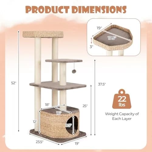 PETSITE 52 inch Cattail Cat Tree | Multi-Level Indoor Cat Tower with Scratching Posts & Cushions thumbnail 4