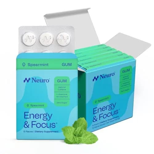 Neuro Energy & Focus Gum, Spearmint, 54 Count (9 Pieces Per Pack x 6 Packs) | Nootropic Supplement for Clarity & Performance thumbnail 1
