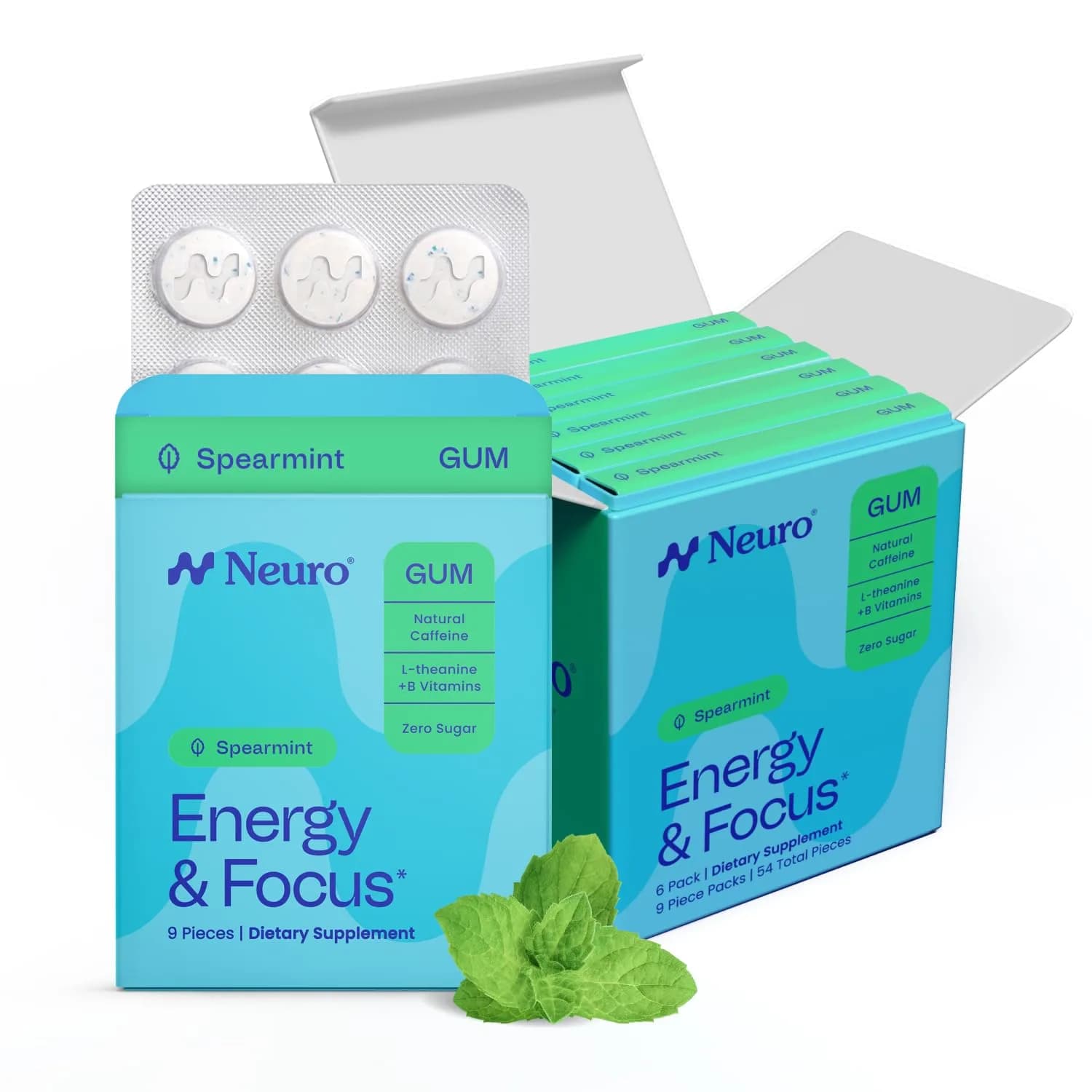 Neuro Energy & Focus Gum, Spearmint, 54 Count (9 Pieces Per Pack x 6 Packs) | Nootropic Supplement for Clarity & Performance