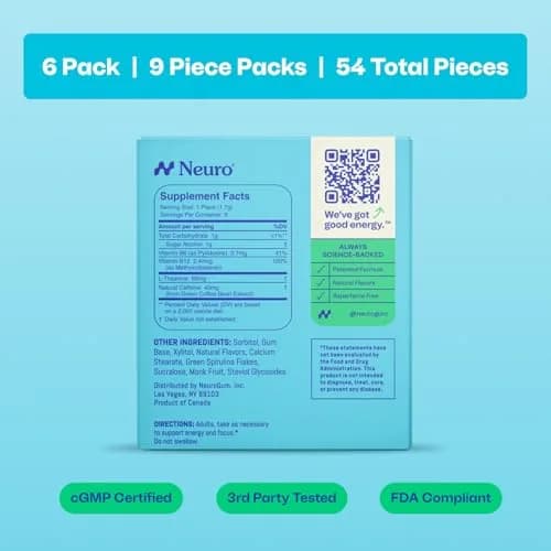 Neuro Energy & Focus Gum, Spearmint, 54 Count (9 Pieces Per Pack x 6 Packs) | Nootropic Supplement for Clarity & Performance thumbnail 9