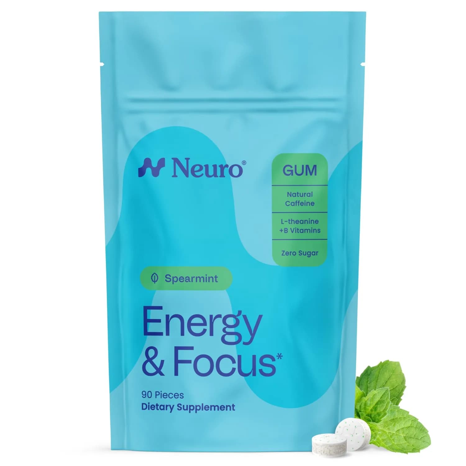 Neuro Energy & Focus Gum, Spearmint, 90 Count | Nootropic Supplement with Natural Caffeine & L-Theanine