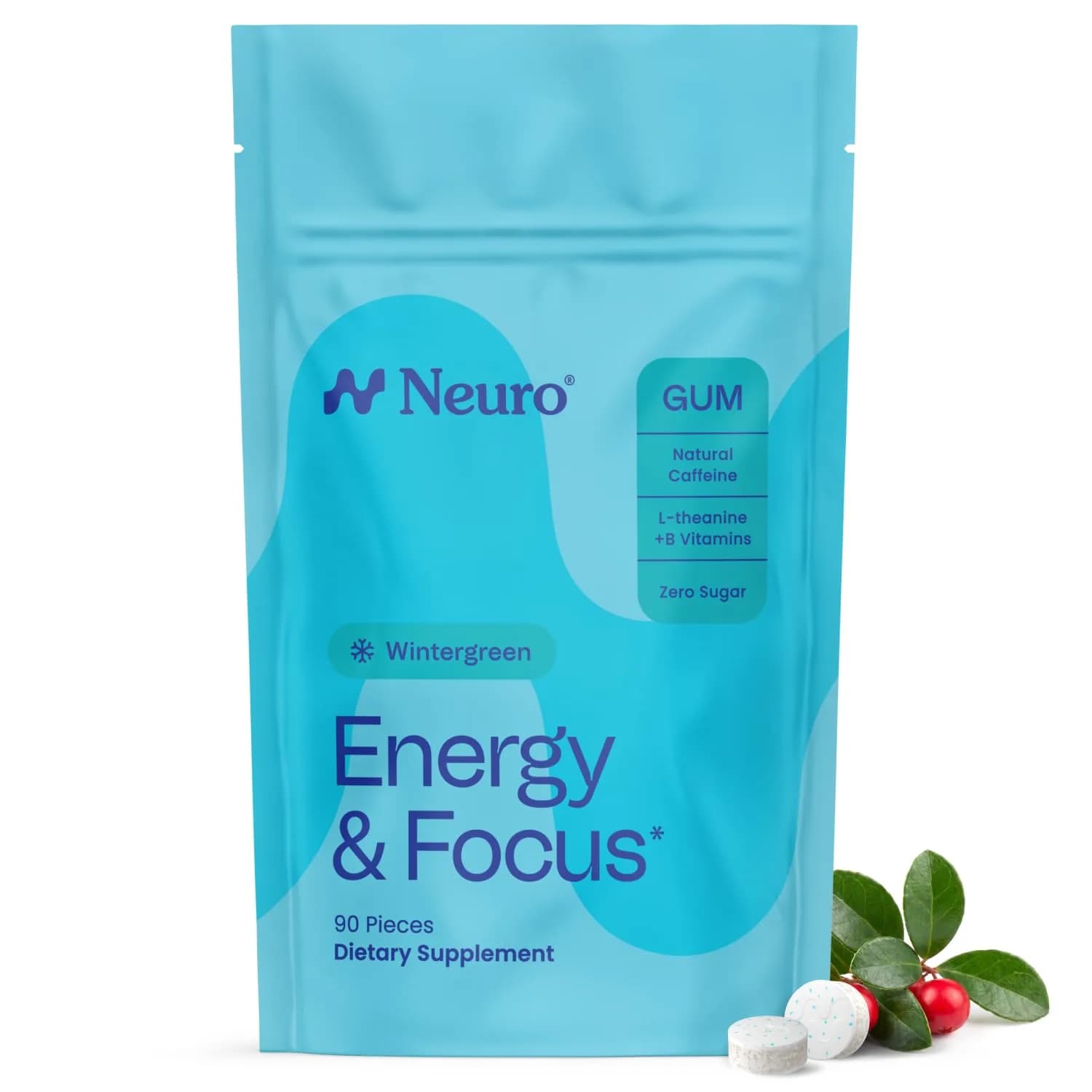 Neuro Energy & Focus Gum, Wintergreen, 90 Count | Nootropic Supplement with Natural Caffeine & L-Theanine — Wintergreen