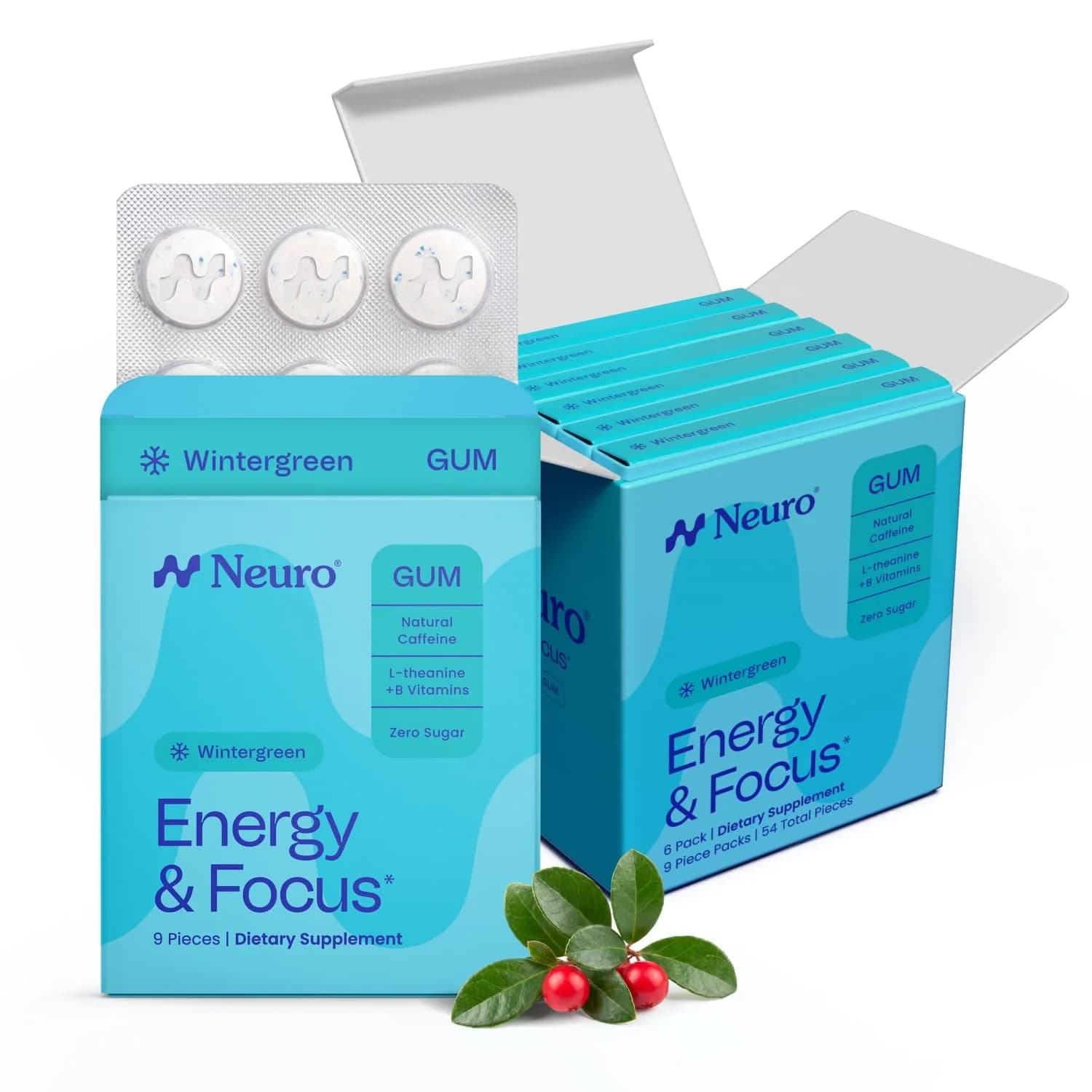 Neuro Energy & Focus Gum, Wintergreen, 54 Count (9 Count x 6 Packs) | Nootropic Supplement for Clarity & Performance — Wintergreen