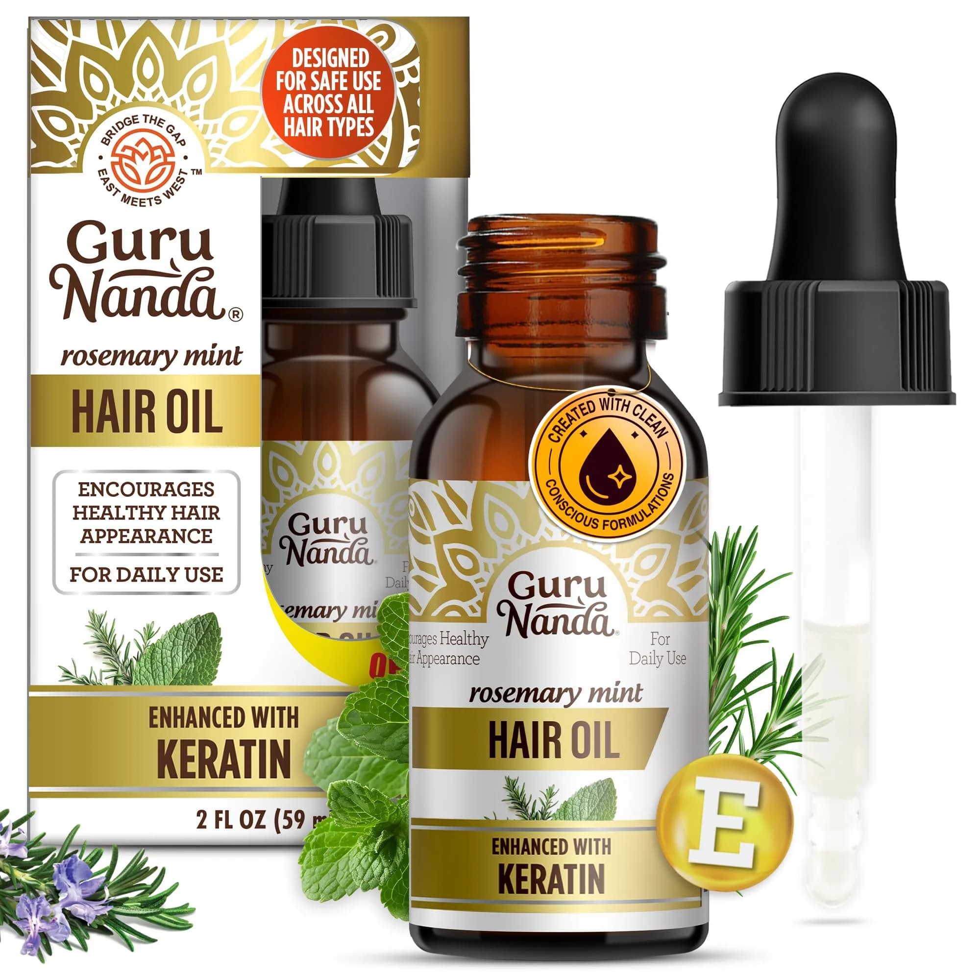 GuruNanda Rosemary Mint Hair Growth Oil 60ml (2 Fl Oz) | Stimulates Scalp for Stronger, Shinier Hair — 2 Fl Oz