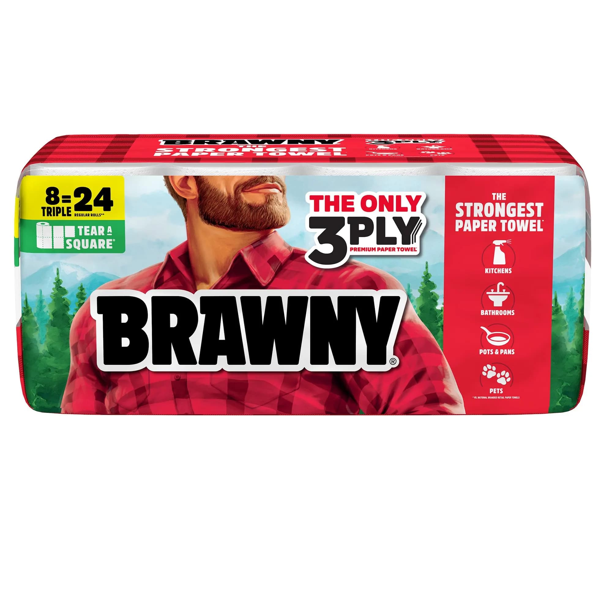 Brawny Tear-A-Square 3-Ply Paper Towels, 8 Triple Rolls | Strong & Absorbent for Tough Messes - main product image