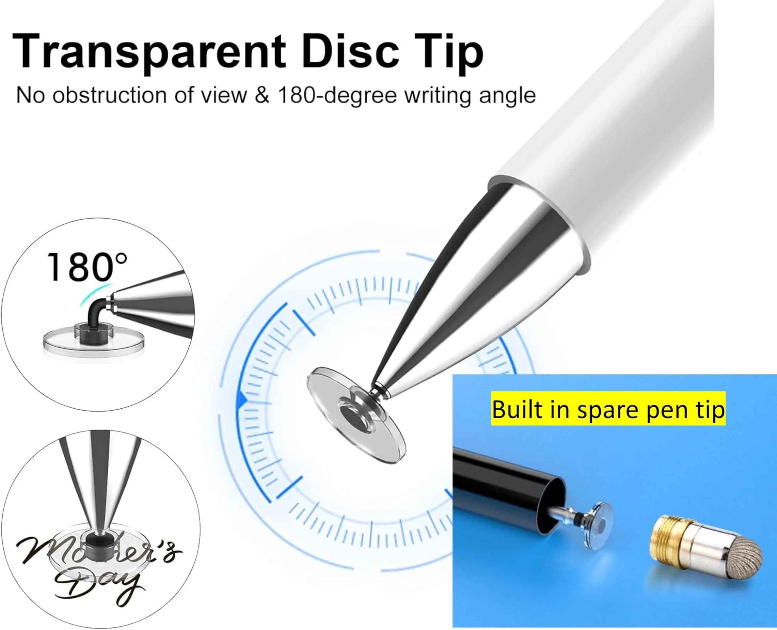 fllynewrite 2-in-1 Stylus Pen for Samsung Tab A Series/iPad Pro/iPhone/Surface (White) | Disc Tip & Rubber Tip - view 3