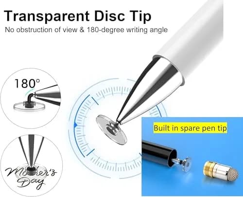 fllynewrite 2-in-1 Stylus Pen for Samsung Tab A Series/iPad Pro/iPhone/Surface (White) | Disc Tip & Rubber Tip thumbnail 3