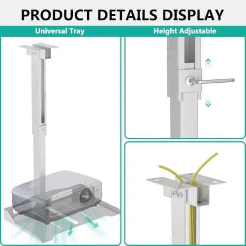 WALI Projector Ceiling Mount Tray, Height Adjustable Wall Mount Holder for Projectors, Hidden Cable Management, Fits Projectors up to 22lbs, 13.7" x 8.6" Platform, White (PM-005-W) thumbnail 3