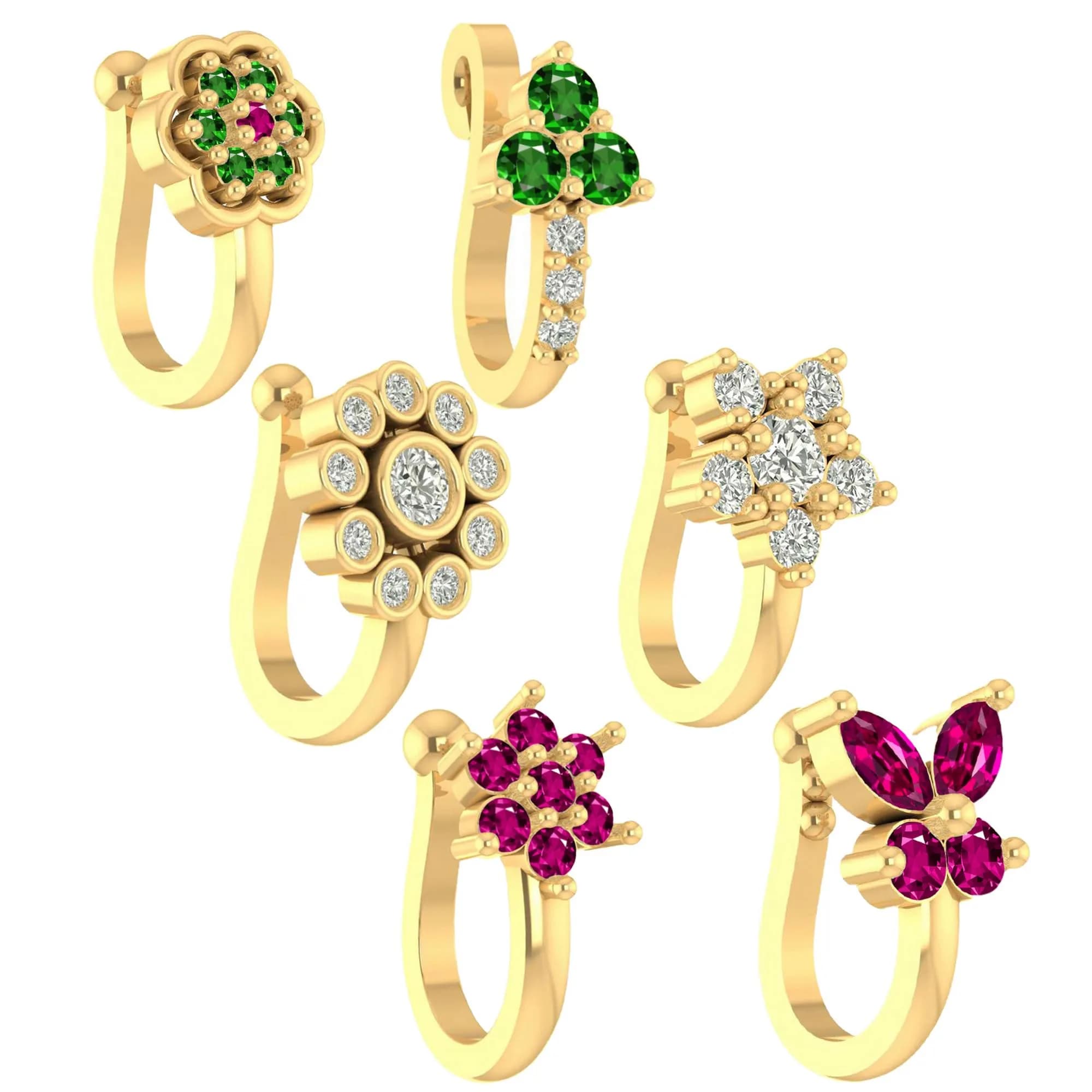 VAMA 6 Pcs Multicolor Gold Plated Clip-on Nose Stud Pin Set 1.2 cm (0.47 in) | Non-Piercing Fashion Jewelry — Golden