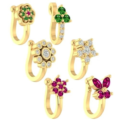 VAMA 6 Pcs Multicolor Gold Plated Clip-on Nose Stud Pin Set 1.2 cm (0.47 in) | Non-Piercing Fashion Jewelry thumbnail 1