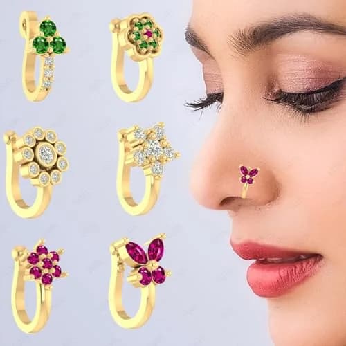 VAMA 6 Pcs Multicolor Gold Plated Clip-on Nose Stud Pin Set 1.2 cm (0.47 in) | Non-Piercing Fashion Jewelry thumbnail 4
