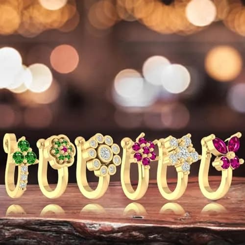 VAMA 6 Pcs Multicolor Gold Plated Clip-on Nose Stud Pin Set 1.2 cm (0.47 in) | Non-Piercing Fashion Jewelry thumbnail 5