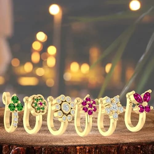 VAMA 6 Pcs Multicolor Gold Plated Clip-on Nose Stud Pin Set 1.2 cm (0.47 in) | Non-Piercing Fashion Jewelry thumbnail 7