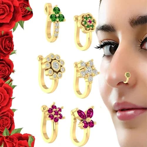 VAMA 6 Pcs Multicolor Gold Plated Clip-on Nose Stud Pin Set 1.2 cm (0.47 in) | Non-Piercing Fashion Jewelry thumbnail 2